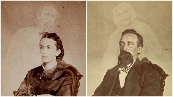 Clichés de photographie spirite de William Mumler présentés en images juxtaposées, montrant des effets de double exposition capturant des figures spectrales