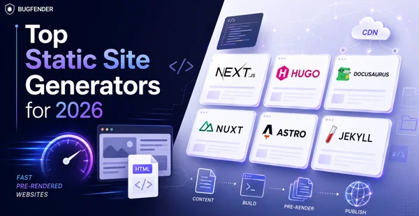 Infographie 'Top Static Site Generators for 2026' présentant les logos de Next.js, Hugo, Docusaurus, Nuxt, Astro et Jekyll ainsi qu'un workflow de génération de site statique, du contenu au build jusqu'à la publication