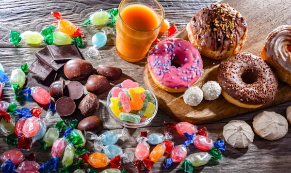 Table en bois couverte d'une abondance de bonbons colorés, chocolats, oursons en gelée, donuts glacés et un verre de jus d'orange, illustrant les aliments riches en sucre