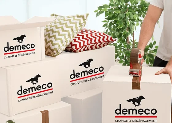 Personne utilisant un pistolet à ruban adhésif pour sceller un carton de déménagement blanc marqué du logo Demeco, avec d'autres cartons empilés et deux coussins en dessus