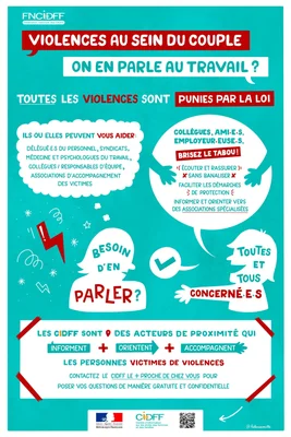 Affiche informatique du CIDFF intitulée « Violences au sein du couple : on en parle au travail ? » avec des bulles de texte et des illustrations sur l'aide aux victimes en milieu professionnel