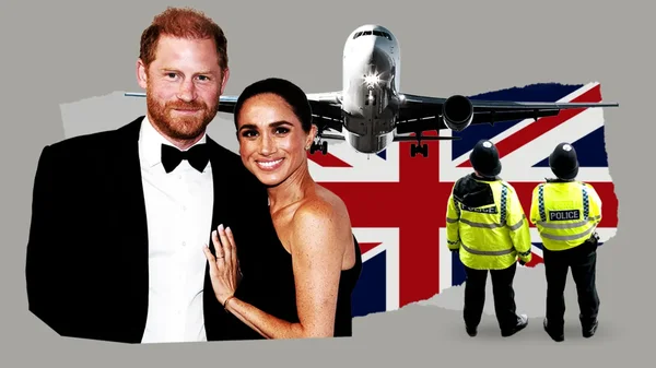 Montage composite du prince Harry et de Meghan Markle surmonté d'un drapeau de l'Union Jack, d'un avion et de policiers britanniques