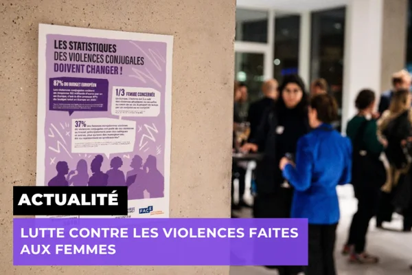 Graphique d'actualité affichant une affiche sur les statistiques des violences conjugales en France, en arrière-plan d'un événement sur l'engagement des entreprises contre les violences faites aux femmes
