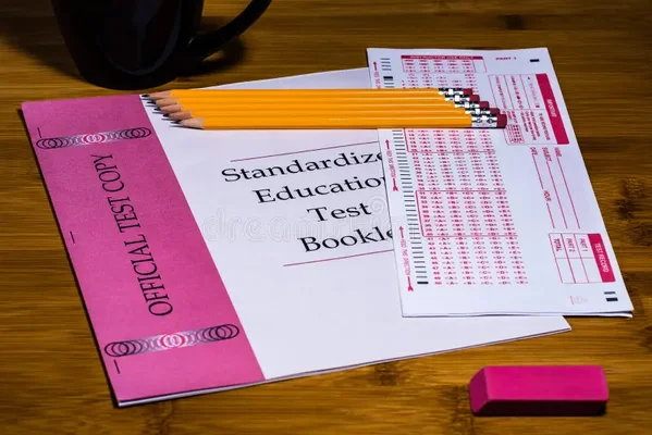 Cahier de test standardisé, feuille de réponses à cocher (Scantron), cinq crayons à papier à deux bouts gommés et une gomme disposés sur un bureau en bois
