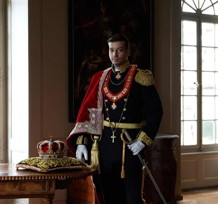Jonas Lauwiner, autoproclamé roi de Suisse, en uniforme militaire formel avec cape rouge et épaulettes dorées, à côté d'une table portant une couronne sur un coussin