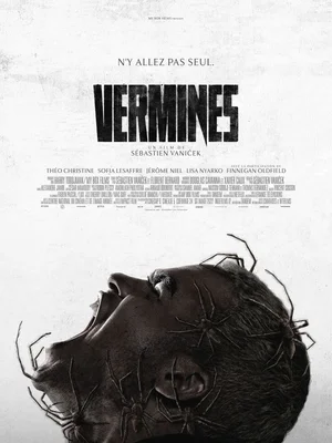 Affiche promotionnelle du film d'horreur Vermines de Sébastien Vaniček : un visage d'homme recouvert de grandes araignées en noir et blanc