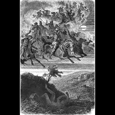 Gravure en noir et blanc de la Chasse sauvage d'Odin par Friedrich Wilhelm Heine : cavaliers galopant à cheval dans le ciel au-dessus d'un paysage, avec une figure allongée sur le sol en dessous