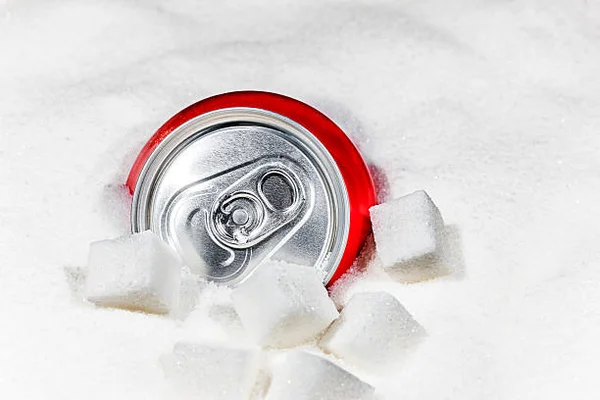 Canette de soda rouge à moitié enfouie dans un lit de sucre cristallisé entourée de cubes de sucre, illustrant la quantité de sucre dans les boissons gazeuses