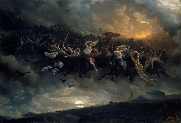 Peinture La Chasse de Wotan de Peter Nicolai Arbo (1872) : des figures montant des chevaux à travers un ciel sombre et orageux au-dessus d'un paysage désert, éclairées par une lueur dans les nuages