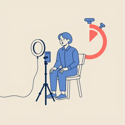 Illustration plate : un candidat filmé de trois quarts face à son smartphone installé sur trépied, entouré d'une lumière douce, enregistre son CV vidéo dans une pièce épurée, tandis qu'une grande horloge stylisée souligne la brièveté de la fenêtre d'attention accordée par les recruteurs.