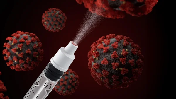 Illustration numérique d'un vaporisateur nasal émettant un brouillard en direction de particules de coronavirus flottantes sur un fond rouge sombre, évoquant un vaccin nasal universel