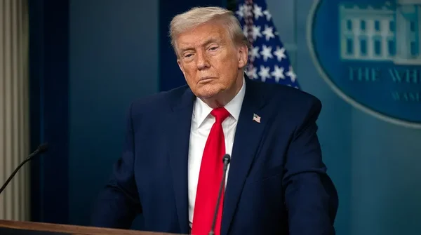 Donald Trump en costume sombre et cravate rouge se tenant au podium de la salle de conférence de la Maison Blanche lors d'un point presse sur la décision de la Cour suprême concernant les tarifs