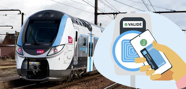 Composition montrant un train régional SNCF et une illustration d'une main validant un billet numérique sur smartphone à un portillon de contrôle