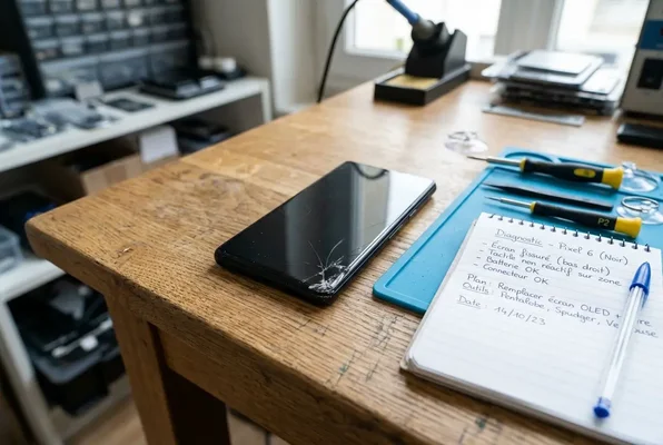 Établi de réparation avec un smartphone noir à l'écran fissuré, une note de diagnostic manuscrite et des tournevis de précision
