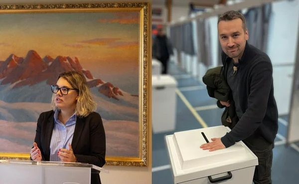 Image composite montrant à gauche une femme s'exprimant au micro devant un paysage peint, et à droite un homme déposant un bulletin dans une urne blanche lors des élections danoises, illustrant les approches contrastées des électeurs groenlandais en faveur de l'indépendance