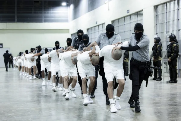 Une file de prisonniers en uniformes blancs, enchaînés aux chevilles et courbés vers l'avant, escortés par des gardes masqués dans une vaste installation pénitentiaire au Salvador.