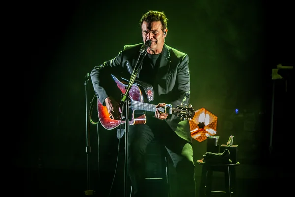 Roch Voisine, en costume sombre, jouant de la guitare électrique et chantant sur scène à Toulouse sous un éclairage vert