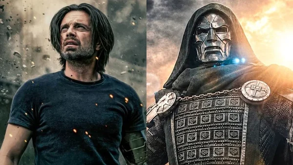 Composition superposant Sebastian Stan, l'acteur qui incarne Bucky Barnes, portant un t-shirt noir avec cheveux longs et barbe, et le personnage de Docteur Doom masqué de métal sous une cape capuchonnée