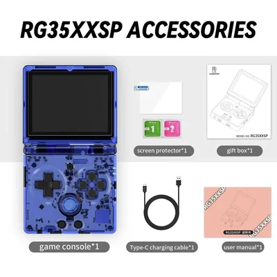 Console portable rétro Anbernic RG35XXSP présentée avec ses accessoires numérotés et légendés : protecteur d'écran, câble de charge et notice d'utilisation sur fond blanc