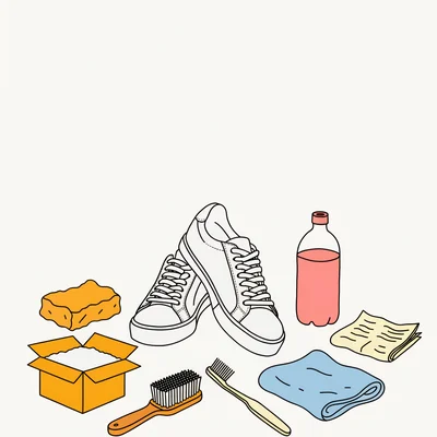 Illustration : une paire de baskets blanches neuves au centre, entourée d'un pain de savon de Marseille, d'une boîte de bicarbonate, d'un flacon de vinaigre blanc, d'une brosse douce, d'une vieille brosse à dents, d'un chiffon et d'un morceau de papier journal, disposés à plat sur un fond clair.