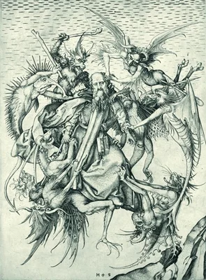 Gravure de Martin Schongauer intitulée Saint Antoine tormenté par les démons : un saint barbu est soulevé dans les airs par une nuée de démons grotesques et ailés
