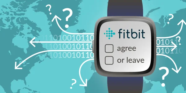 Illustration numérique d'une montre Fitbit affichant un écran de consentement « Accepter ou partir », sur fond de carte du monde, de code binaire et de points d'interrogation