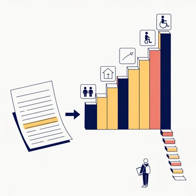 Illustration plate : un avis d'imposition avec la ligne du revenu brut global en évidence renvoie, via une flèche, vers un histogramme en escalier de huit blocs de plus en plus hauts, chacun relevé par de petits carrés représentant les points de charge ; au premier plan, un étudiant de dos tenant un dossier, devant un fond clair épuré.