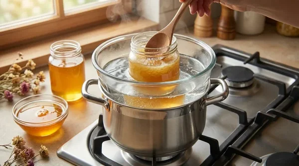 Miel cristallisé réchauffé dans un bain-marie sur une gazinière, remué à l'aide d'une cuillère en bois, avec des pots de miel et des fleurs séchées à proximité