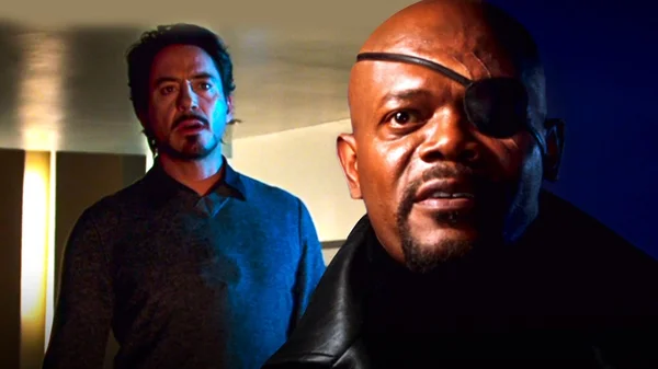Scène post-générique du film Iron Man : Nick Fury, l'homme à l'œil patché, et Tony Stark, barbu et sombre dans une pièce faiblement éclairée