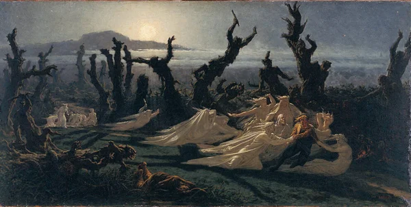 Tableau « Les Lavandières de la nuit » de Yan' Dargent, musée des Beaux-Arts de Quimper : des silhouettes spectrales vêtues de blanc dansent en cercle autour d'un homme dans un paysage désolé sous la pleine lune, un chien couché au premier plan et une montagne à l'arrière-plan.