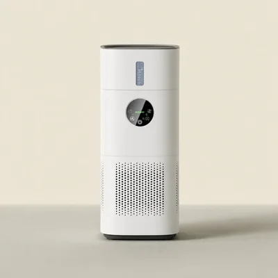 Purificateur d'air humidificateur H13 AP-T2 blanc et cylindrique, doté d'un écran numérique et d'un panneau de commande, posé sur une surface neutre dans un intérieur beige