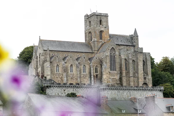 La collégiale Notre-Dame-de-Grande-Puissance à Lamballe-Armor : grand édifice en pierre à tour carrée, dominant les maisons, vue depuis un parterre de fleurs violettes floues.