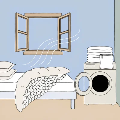 Illustration éditoriale en 2D plate : une chambre claire avec, à gauche, un lit recouvert d'une couette en plume dont un coin est rabattu pour montrer le garnissage, et deux oreillers empilés ; au-dessus, une fenêtre ouverte dont les filets d'air traversent la literie pour l'aérer. À droite, un lave-linge à porte ouverte surmonté d'une pile de draps et taies blanches pliés et d'une housse anti-acariens zippée.