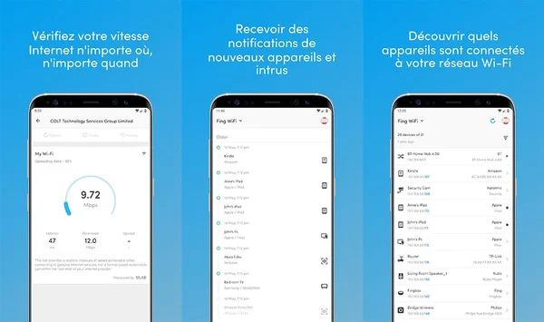 Trois écrans de smartphone affichant l'interface de l'application Fing avec ses fonctionnalités : test de vitesse, notifications d'appareils et découverte du réseau Wi-Fi