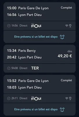 Capture d'écran d'une application mobile de réservation de trains affichant trois itinéraires de Paris à Lyon, avec horaires de départ, gares, durée du trajet, type de train (TGV inOui, TER) et prix ou disponibilité