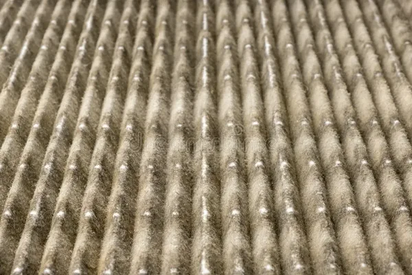 Gros plan macro sur la surface d'un filtre HEPA de purificateur d'air, révélant une texture de fibres parallèles en relief qui retiennent poussières et allergènes