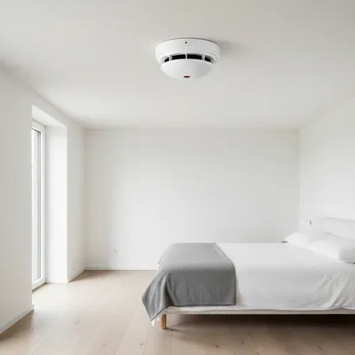 Chambre minimaliste aux murs blancs et au sol en bois clair, avec un détecteur de fumée blanc fixé au plafond au-dessus d'un lit garni de linge blanc et d'un plaid gris