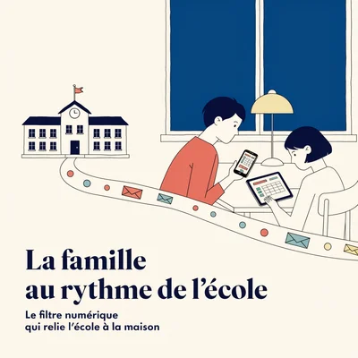 Illustration éditoriale plate : un parent et un adolescent consultent le soir, à la cuisine, un téléphone et une tablette affichant une interface scolaire abstraite (calendrier, notes, messages), reliés par un flux continu à un bâtiment d'école visible derrière la fenêtre, symbolisant la circulation permanente d'information entre l'école et la famille.