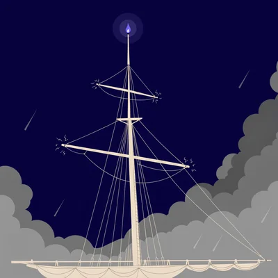 Illustration éditoriale en aplats : le fût et la hune d'un mât de navire du XIXe siècle se dressent sous un ciel d'orage indigo, avec une petite flamme bleu-violet grosse comme une chandelle au sommet du mât et des étincelles crépitant le long du fer des vergues, tandis que des nuages plats et une pluie inclinée enveloppent le pont en contrebas.