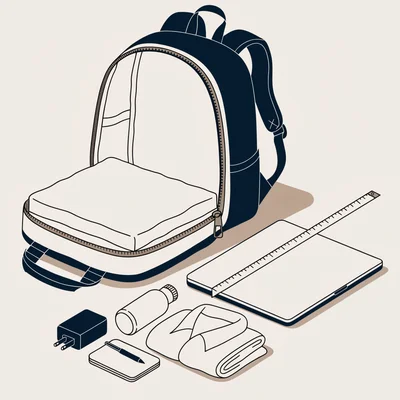 Illustration éditoriale à plat : un sac à dos de ville d'environ vingt litres, ouvert sur une table, montre son compartiment informatique matelassé avec un fond surélevé en mousse, ses coutures et sa fermeture. À côté, un ordinateur portable fermé est mesuré au mètre ruban sur sa largeur et sa profondeur, tandis que chargeur, gourde, veste pliée et carnet sont regroupés au premier plan.