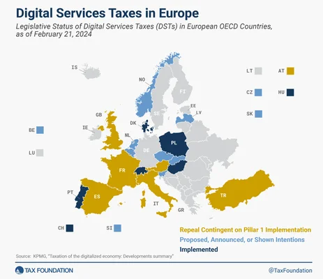 Infographie cartographique « Digital Services Taxes in Europe » : état des taxes sur les services numériques dans les pays européens de l'OCDE au 21 février 2024, codé par couleur (en vigueur, proposée, liée au pilier 1, aucune action).