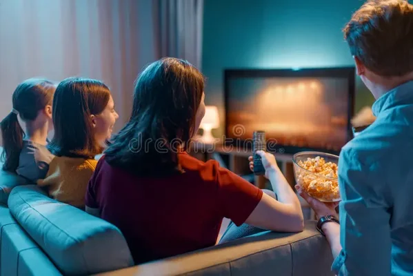 Une famille de quatre personnes assise sur un canapé regarde la télévision dans un salon tamisé, tandis qu'un homme debout à droite tient un bol de pop-corn