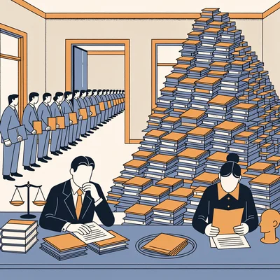 Illustration : deux enseignants d'une commission d'admission trient une pile monumentale de dossiers de candidature posée sur une table, à côté d'un petit bac contenant une poignée de dossiers retenus, tandis qu'une longue file de candidats portant chacun un dossier attend dans le couloir derrière eux.