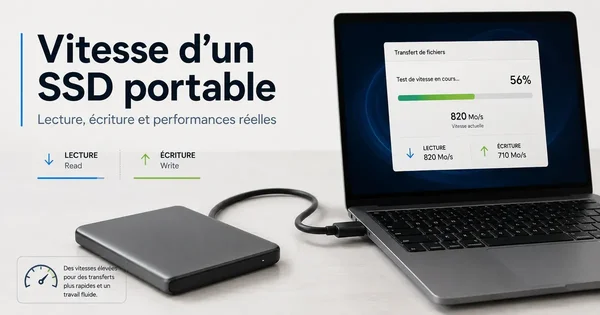 Un SSD portable relié à un ordinateur portable lors d'un test de vitesse, avec une interface affichant 820 Mo/s en lecture et 710 Mo/s en écriture