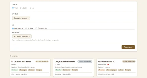 Capture d'écran du site français JDR Ninja, page « Trouver une table » : filtres de recherche à gauche et liste d'annonces de parties de jeu de rôle disponibles