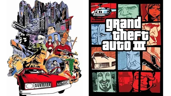 Comparaison de deux visuels promotionnels de Grand Theft Auto III : à gauche une illustration d'action avec personnages, voiture rouge et explosions dans une ville, à droite la jaquette emblématique en grille avec portraits de personnages et logo du jeu