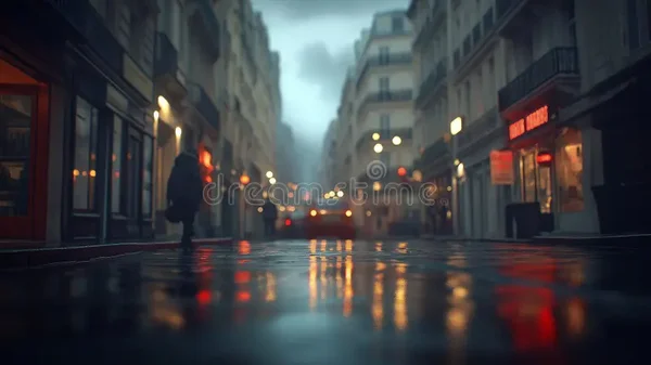 Rue pavée mouillée par la pluie dans une ville européenne au crépuscule, avec les reflets des lumières urbaines sur le sol.