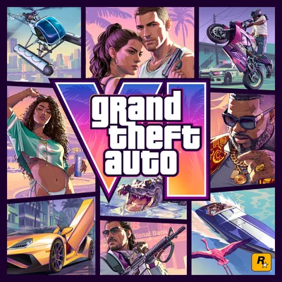 Affiche promotionnelle en collage de la jaquette de GTA 6 dévoilée, réunissant des personnages, véhicules et scènes illustrés disposés autour du logo du jeu