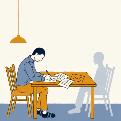 Illustration éditoriale : dans une lumière douce, une personne adulte écrit une lettre à une table, tandis qu'en face d'elle, dans une chaise vide, se tient la silhouette pâle et calme de son frère ou de sa sœur décédé·e, comme un souvenir présent. Des feuilles aux lignes abstraites et une enveloppe ouverte reposent sur la table.