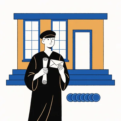 Illustration d'un jeune bachelier en toge tenant son diplôme et une enveloppe devant les marches d'un bâtiment universitaire, à côté d'une rangée de dix pièces représentant les mensualités de l'aide au mérite.